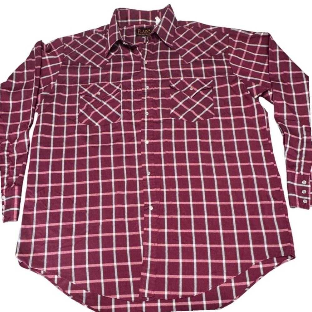 Plains Western Shirt Mens L Pearl Snap Plaid Burgundy Cowboy Southwestern VTG